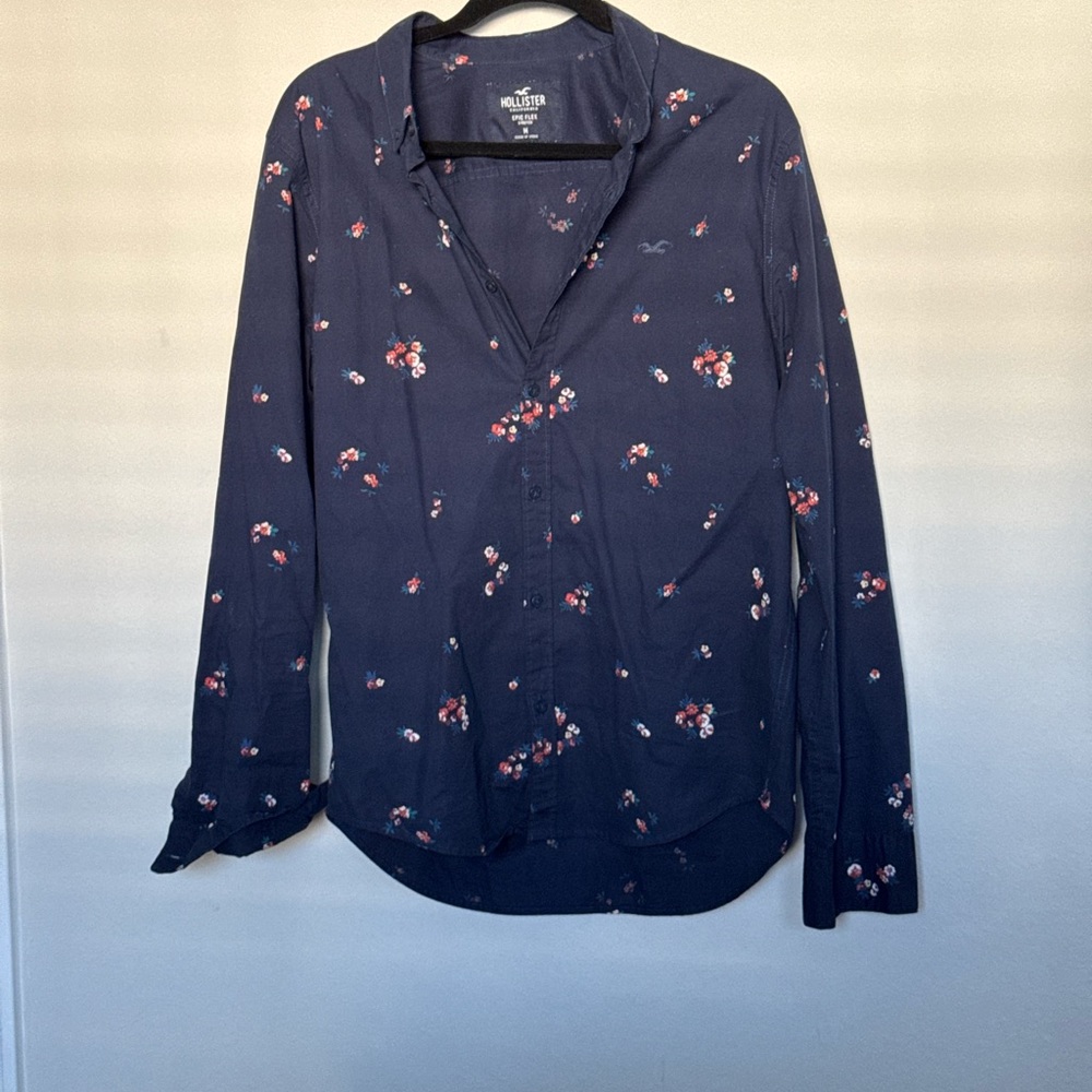 Hollister Navy Blue Casual Button Down Shirt with Floral Pattern